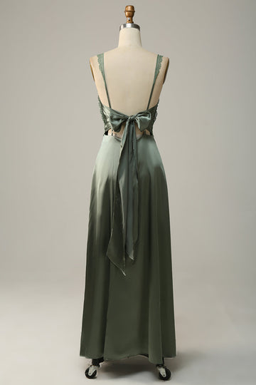 Dusty Green Sheath Spaghetti Straps Tied Back Satin Bridesmaid Dress